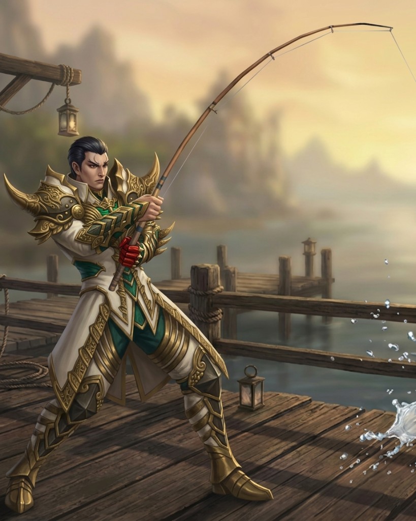 Warrior fishing from a wooden pier at sunrise, fantasy illustration.