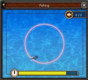 Fishing mini-game window (red circle, fish, hit/miss, timer bar)