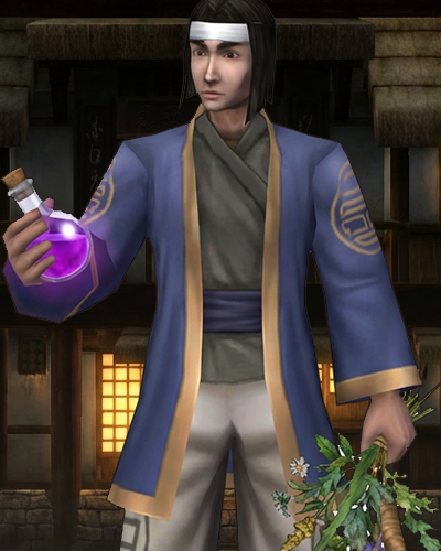 Herbalist NPC holding a potion vial and herbs