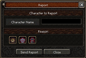 Report window - character to report, reason (Yang selling / illegal trading / cheating), Send report